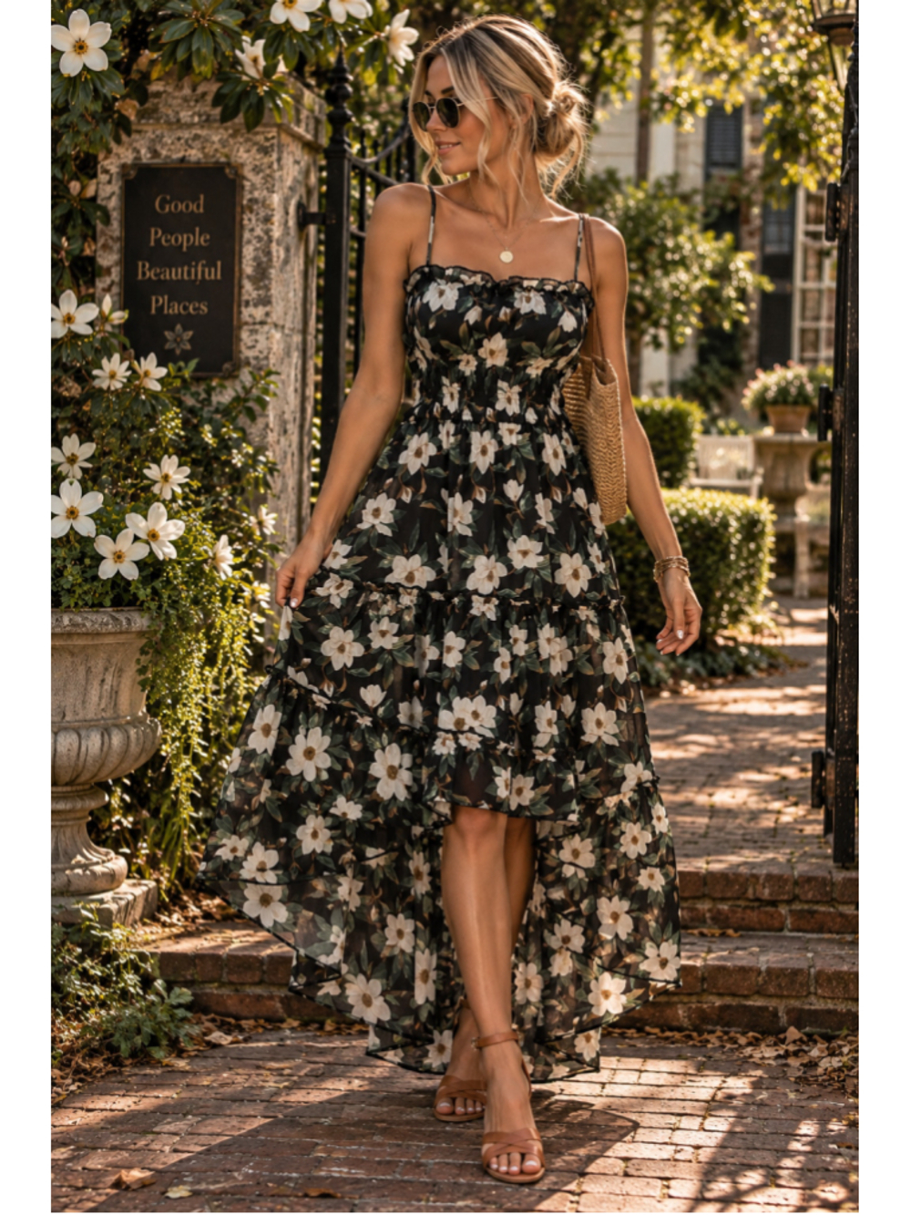 Trixxi Floral Maxi Dress Size S Black Cream Tiered Smocked Cottagecore
